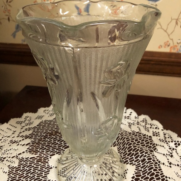 Iris and Herringbone Clear Depression Glass Vase by Jeannette Glass